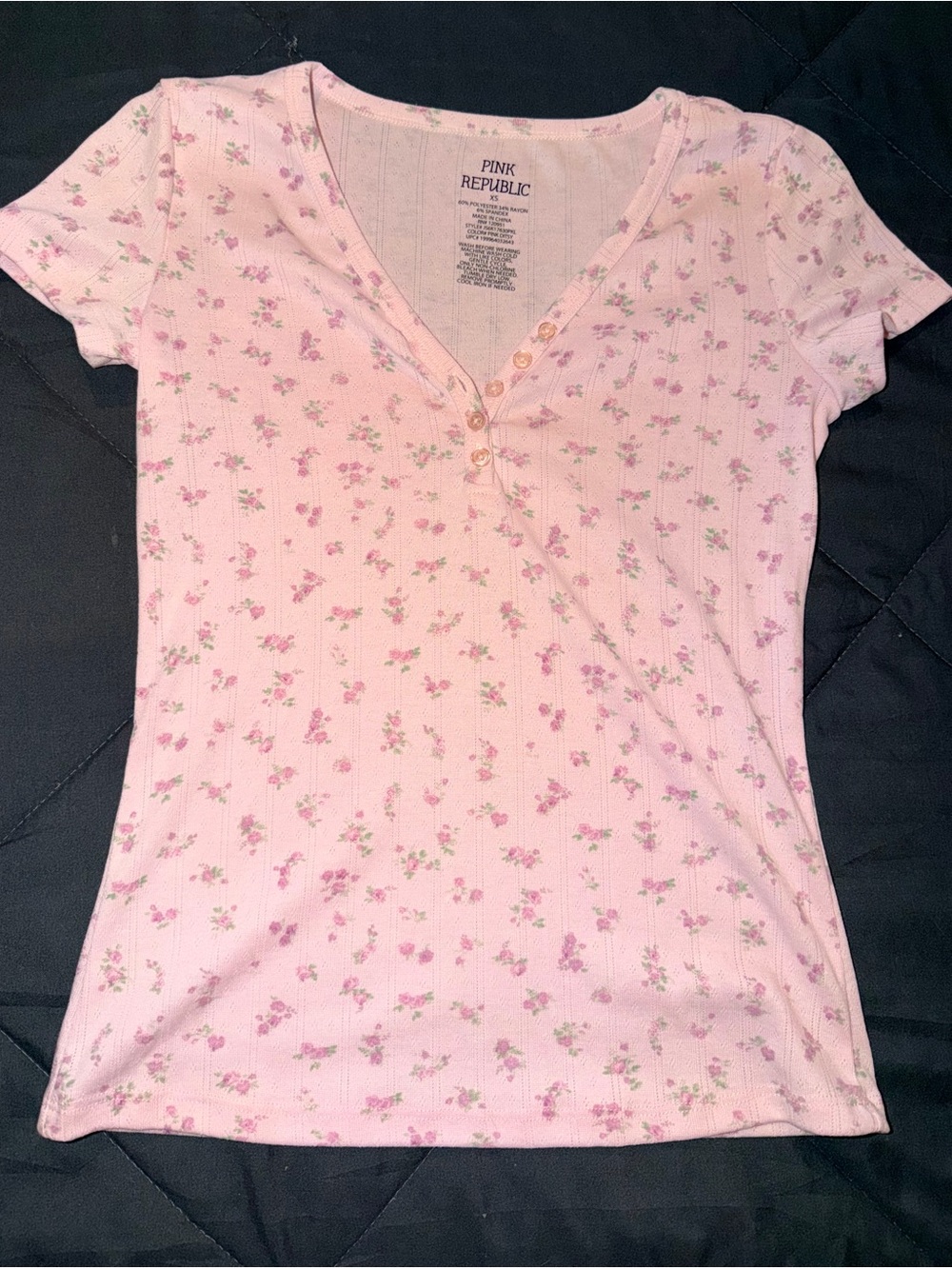 Pink Republic Light Pink Floral Ribbed Henley Tee